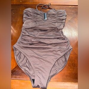 Calvin Klein Swim Ruched Halter 1 Piece Swimsuit Removable Straps Taupe Brown 8